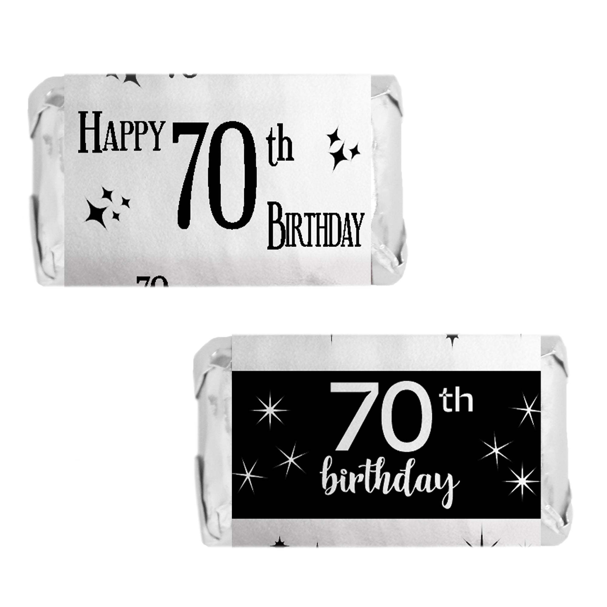 Add sparkle to a loved one's 70th birthday with these Black and Silver Shiny Foil Mini Candy Bar Stickers.
